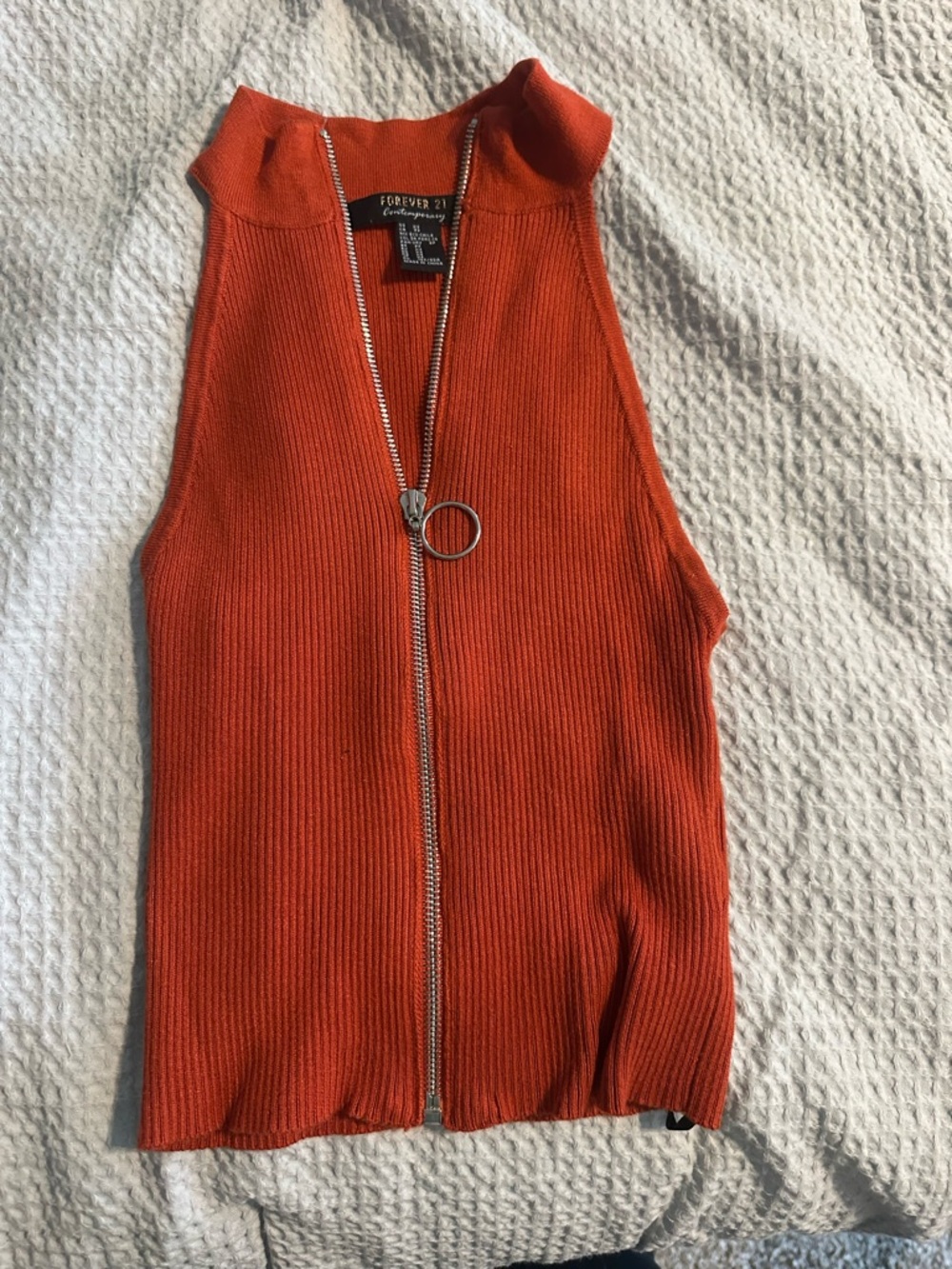 Forever 21 Orange Ribbed Zip Halter Top